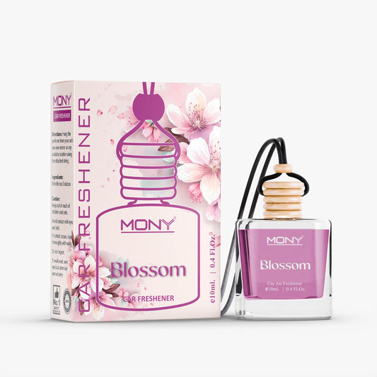 Mony | Blossom - Hanging Car Air Freshener | e 10 ml. Fragrance in Glass Bottle with Wooden Diffuser Lid