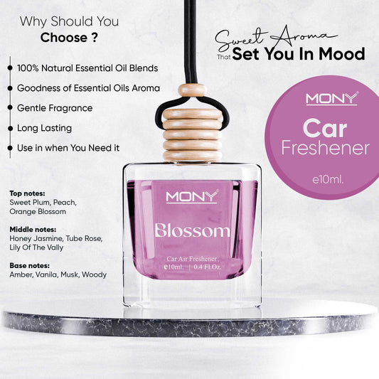 Mony | Blossom - Hanging Car Air Freshener | e 10 ml. Fragrance in Glass Bottle with Wooden Diffuser Lid