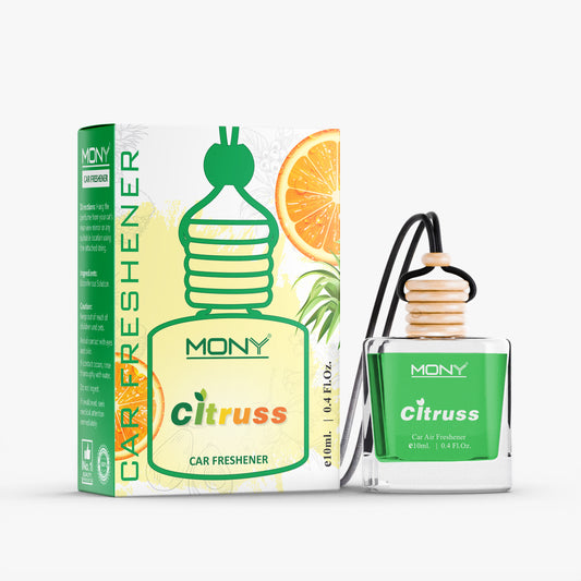 Mony | Citruss - Hanging Car Air Freshener | e 10 ml. Fragrance in Glass Bottle with Wooden Diffuser Lid