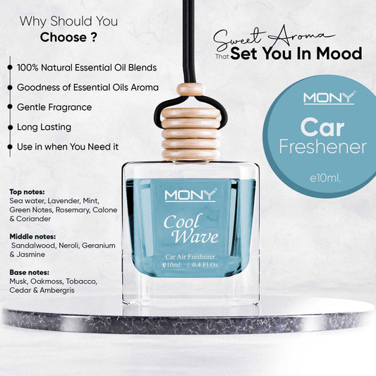 Mony | Cool Water - Hanging Car Air Freshener | e 10 ml. Fragrance in Glass Bottle with Wooden Diffuser Lid