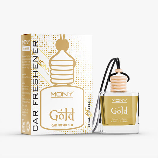 Mony | Gold - Hanging Car Air Freshener | e 10 ml. Fragrance in Glass Bottle with Wooden Diffuser Lid