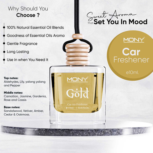 Mony | Gold - Hanging Car Air Freshener | e 10 ml. Fragrance in Glass Bottle with Wooden Diffuser Lid