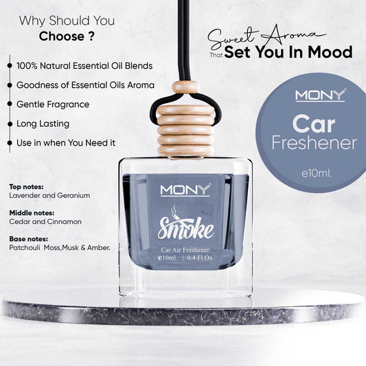 Mony | Smoke - Hanging Car Air Freshener | e 10 ml. Fragrance in Glass Bottle with Wooden Diffuser Lid