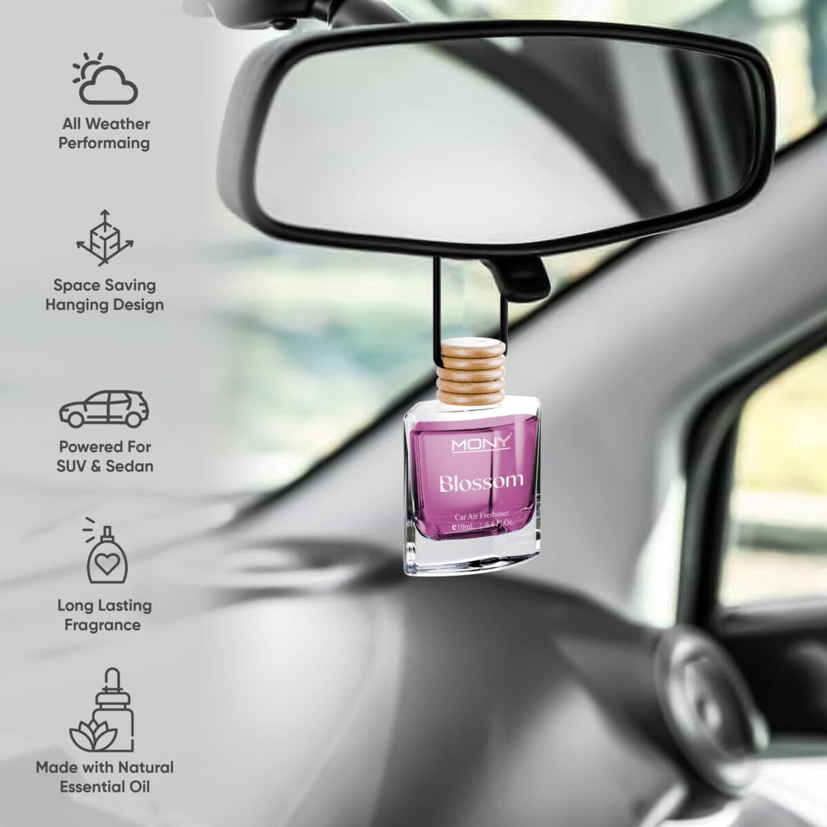 Mony Blossom Car Perfume Hanging Pod |10 ML | Natural Essential Fragrance Oils in Glass Bottle with Wooden Diffuser Lid Last Upto 30 Days (Copy) - Image 3