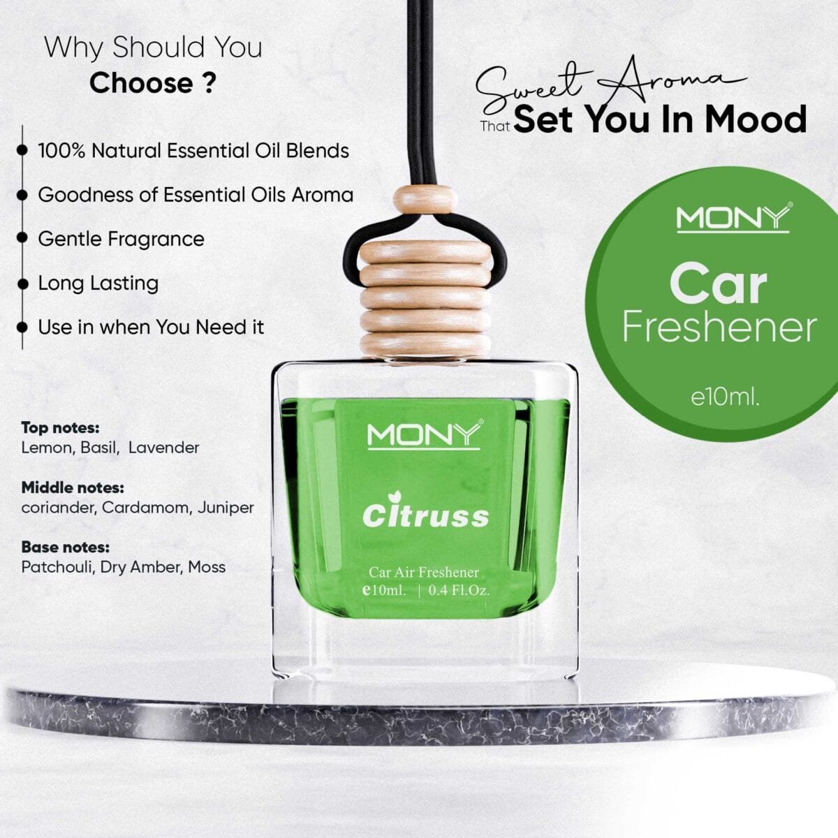 Mony Citruss Car Perfume Hanging Pod |10 ML | Natural Essential Fragrance Oils in Glass Bottle with Wooden Diffuser Lid Last Upto 30 Days - Image 2
