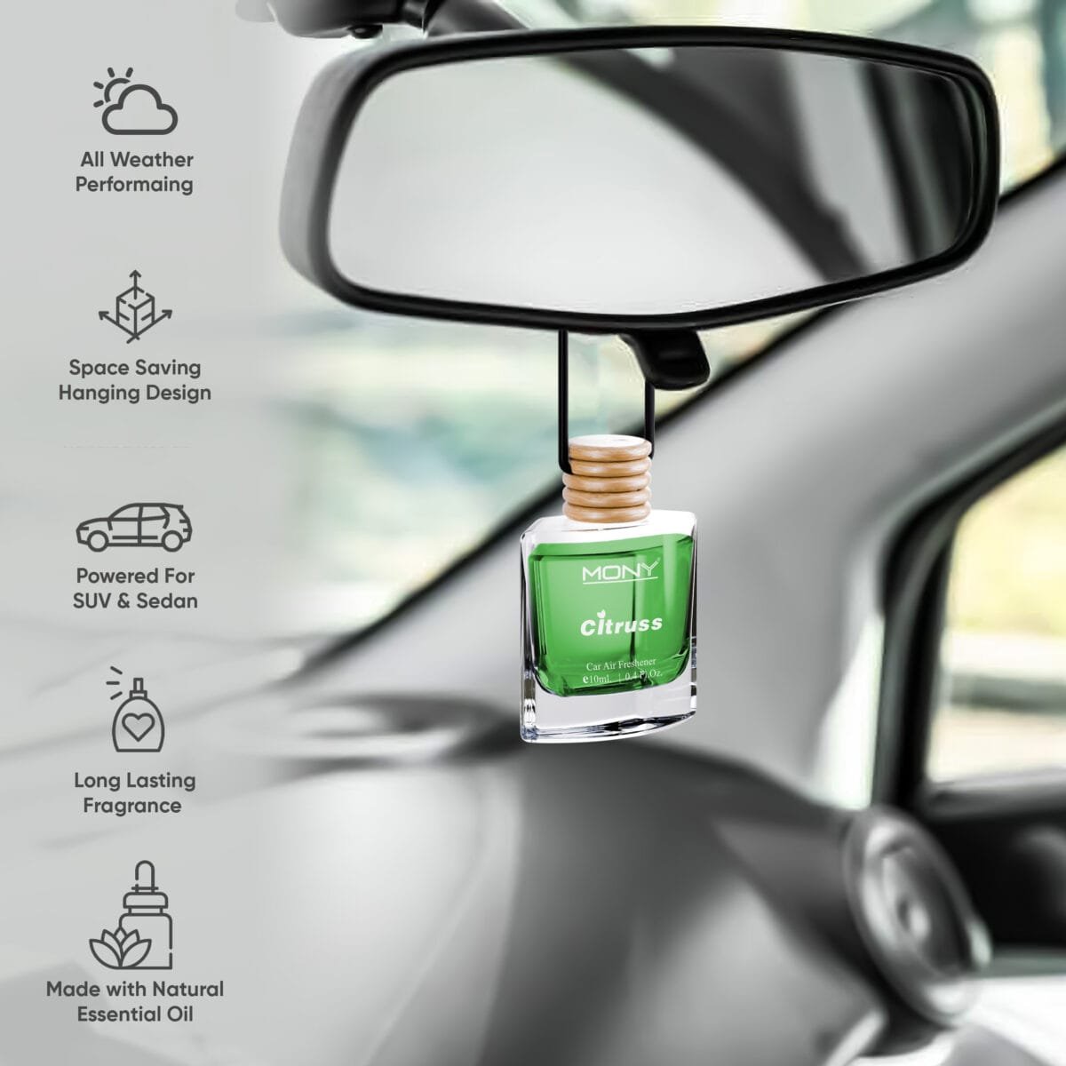 Mony Citruss Car Perfume Hanging Pod |10 ML | Natural Essential Fragrance Oils in Glass Bottle with Wooden Diffuser Lid Last Upto 30 Days - Image 3