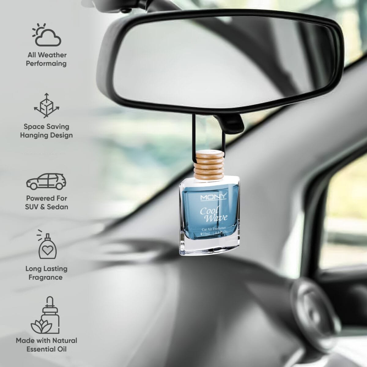 Mony Cool Wave Car Perfume Hanging Pod |10 ML | Natural Essential Fragrance Oils in Glass Bottle with Wooden Diffuser Lid Last Upto 30 Days (Copy) - Image 3