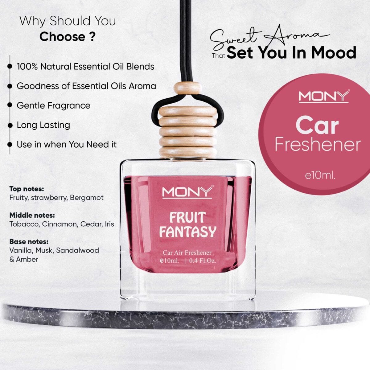 Mony Fruit Fantasy Car Perfume Hanging Pod |10 ML | Natural Essential Fragrance Oils in Glass Bottle with Wooden Diffuser Lid Last Upto 30 Days - Image 2