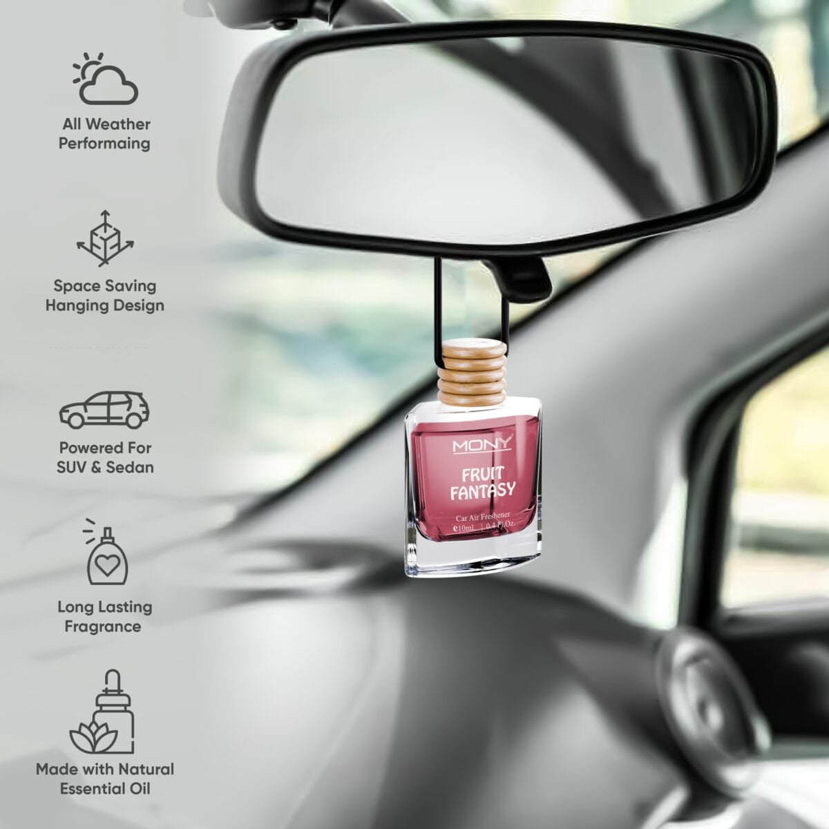 Mony Fruit Fantasy Car Perfume Hanging Pod |10 ML | Natural Essential Fragrance Oils in Glass Bottle with Wooden Diffuser Lid Last Upto 30 Days - Image 3