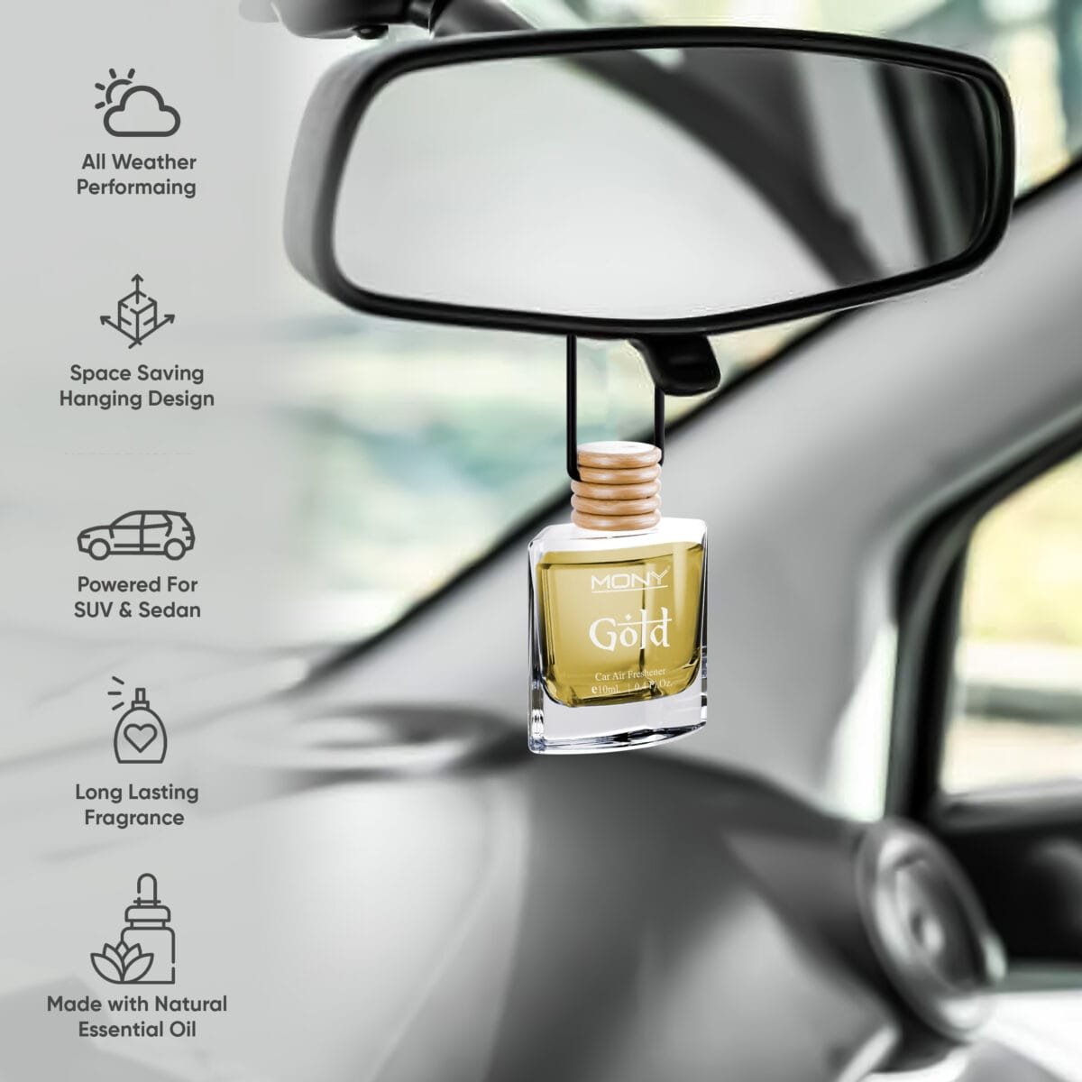 Mony Gold Car Perfume Hanging Pod |10 ML | Natural Essential Fragrance Oils in Glass Bottle with Wooden Diffuser Lid Last Upto 30 Days - Image 3