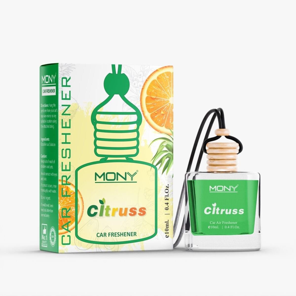 Mony Citruss Car Perfume Hanging Pod |10 ML | Natural Essential Fragrance Oils in Glass Bottle with Wooden Diffuser Lid Last Upto 30 Days