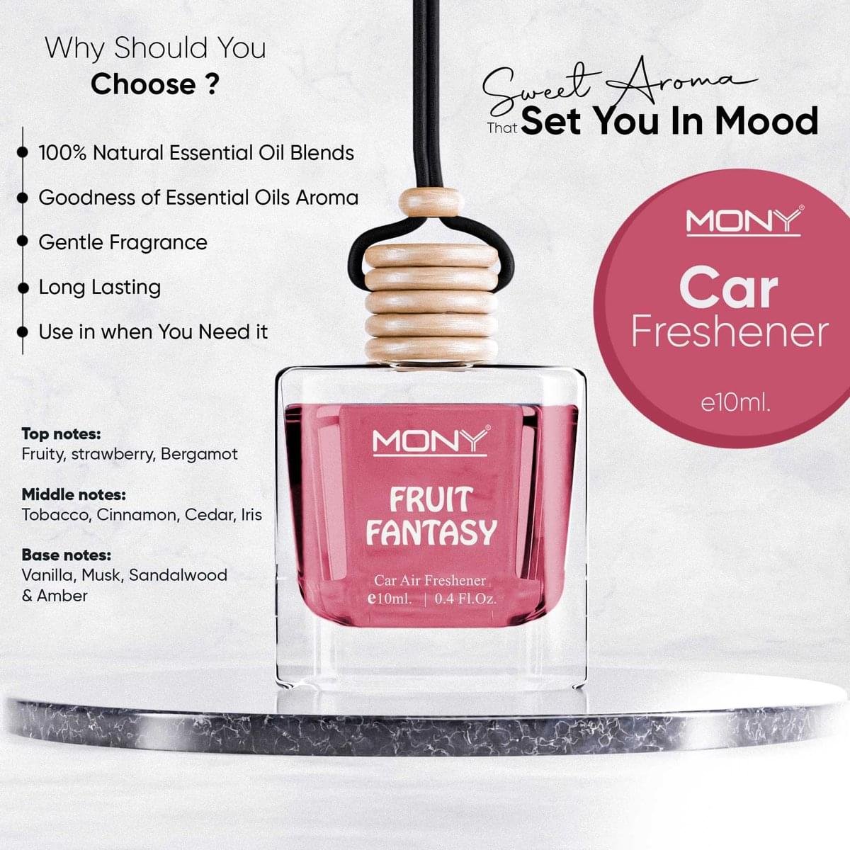 Mony Fruit Fantasy Car Perfume Hanging Pod |10 ML | Natural Essential Fragrance Oils in Glass Bottle with Wooden Diffuser Lid Last Upto 30 Days - Image 2